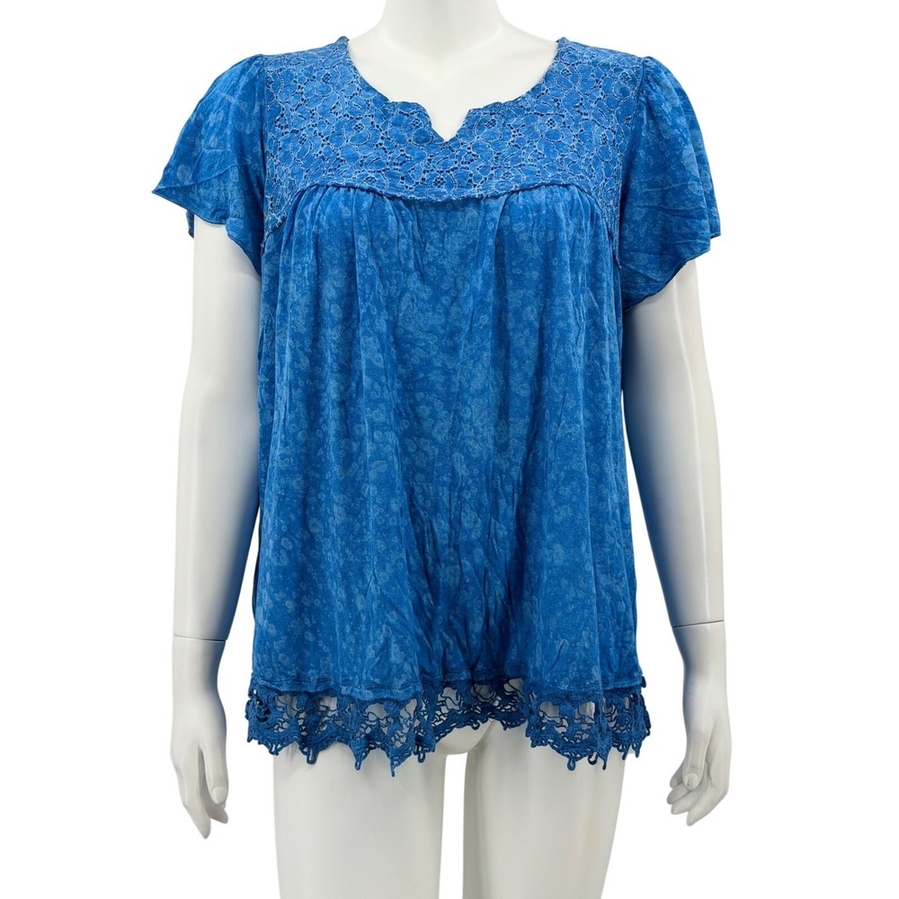 One World Top Womens 1X Blue Crochet Lace Peasant Boho Fairy Flowy Casual Summer